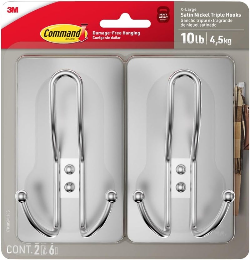 Command X-Large Satin Nickel Triple Hook, 2 Hooks, 6 Strips, Damage-Free Hanging Wall Hooks with Adhesive Strips, No Tools Wall Hooks for Hanging Decorations in Living Spaces - Image 1